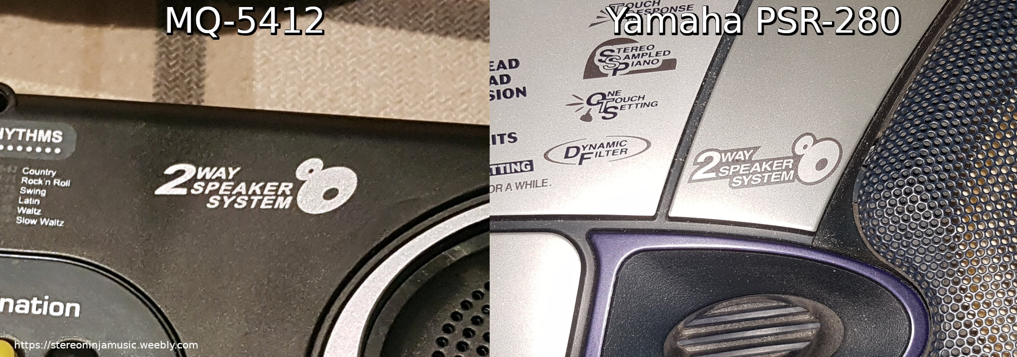 An image comparing the 2 way speaker system logo on the MQ-5412 and Yamaha PSR-280 keyboard