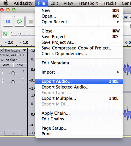 Screenshot showing how to export audio