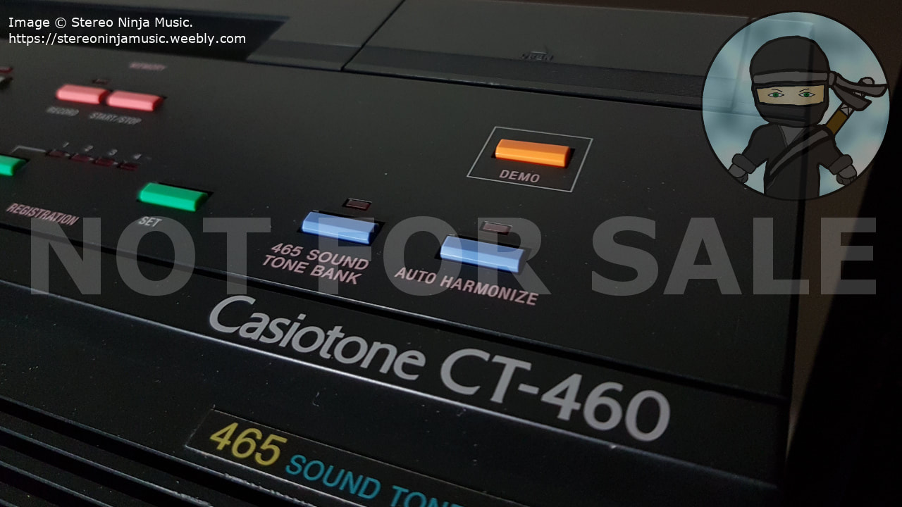 An image of the Casio CT-460 showing the demo, 465 tone bank and Auto Harmonize buttons
