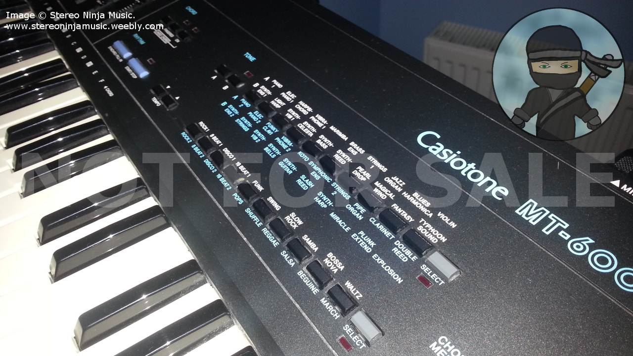 A side view image of the Casio MT-600 showing the various voices and auto accompaniment styles