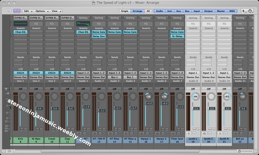A screenshot of the mixing board in Logic